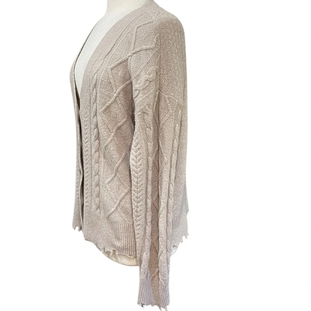 Lucky Brand Cable Knit Cardigan Sweater Distressed Hem SZ M Light Camel Tan
